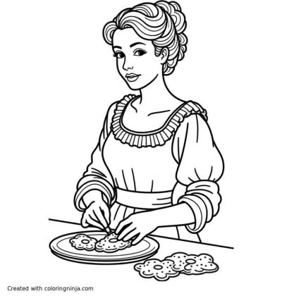 A coloring page of a woman in 1810s dress making cookies