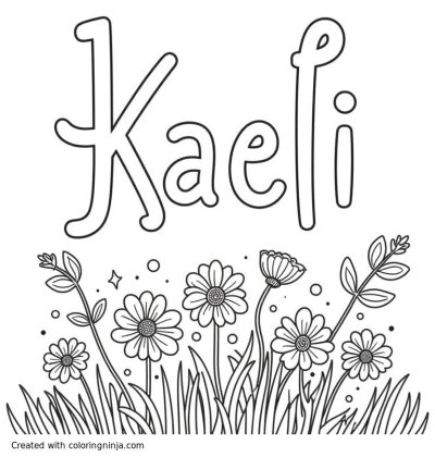 A coloring page of The word Kaeli with wild flowers in the background 
