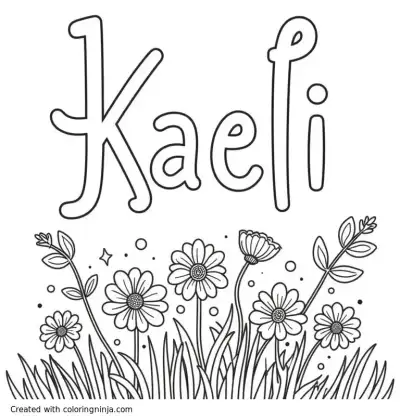A coloring page of The word Kaeli with wild flowers in the background 