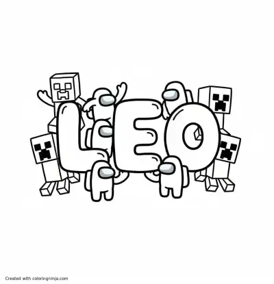 A coloring page of the word "leo" with amungus and creepers around it
