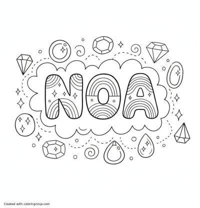 A coloring page of the word "NOA" with rainbows and jems around it