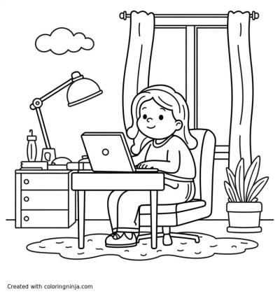 A coloring page of Wygeneruj obraz dziewczyny uczącej sie na lekcjach zdalnych w swoim pokoju. Niech na obrazku będzie łóżko, komoda, szafa, biurko, lampa. Wygenruj w formie kolorowanki. Niech nie zabraknie tam książek i laptopa. Wygeneruj na poziomy obraz