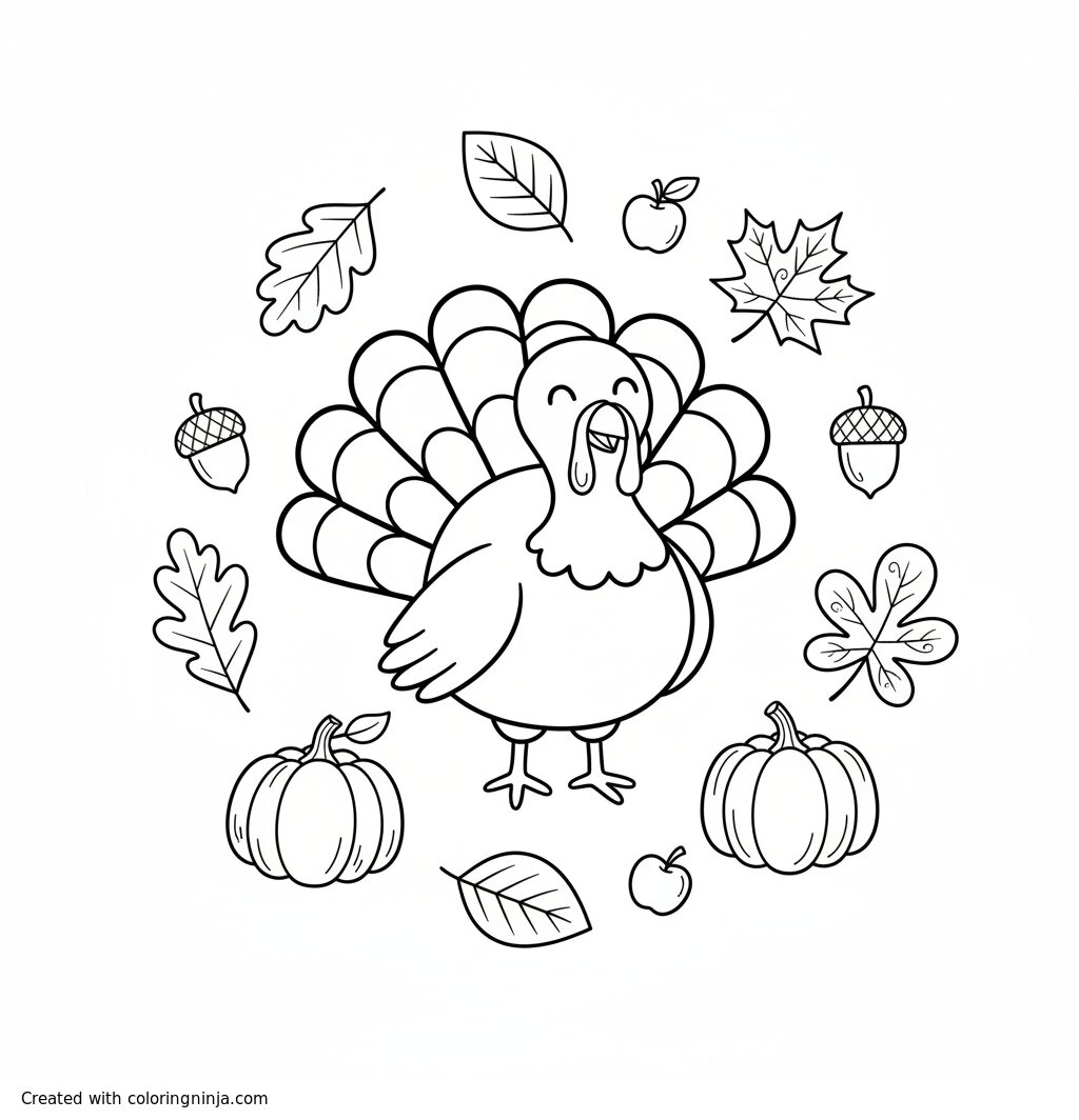 A coloring page of turkey and fall