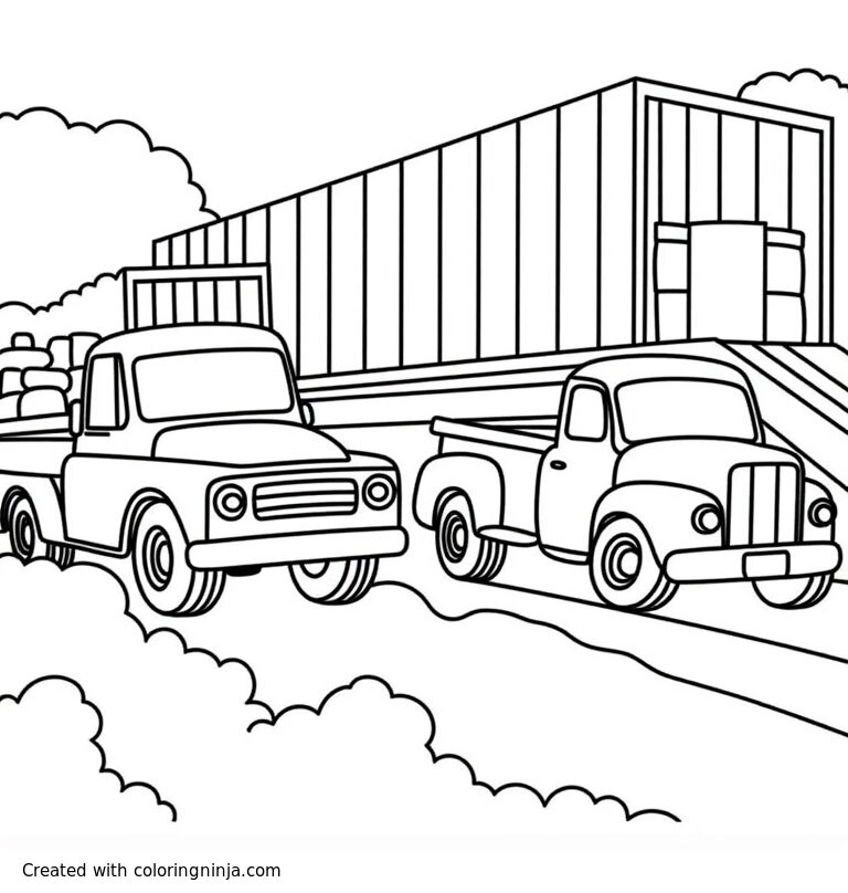 A coloring page of two drifting cars going around a shipping yard