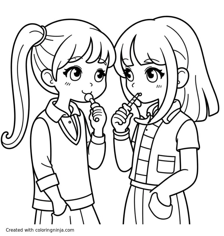 A coloring page of  Two girls in school eating skittles candy