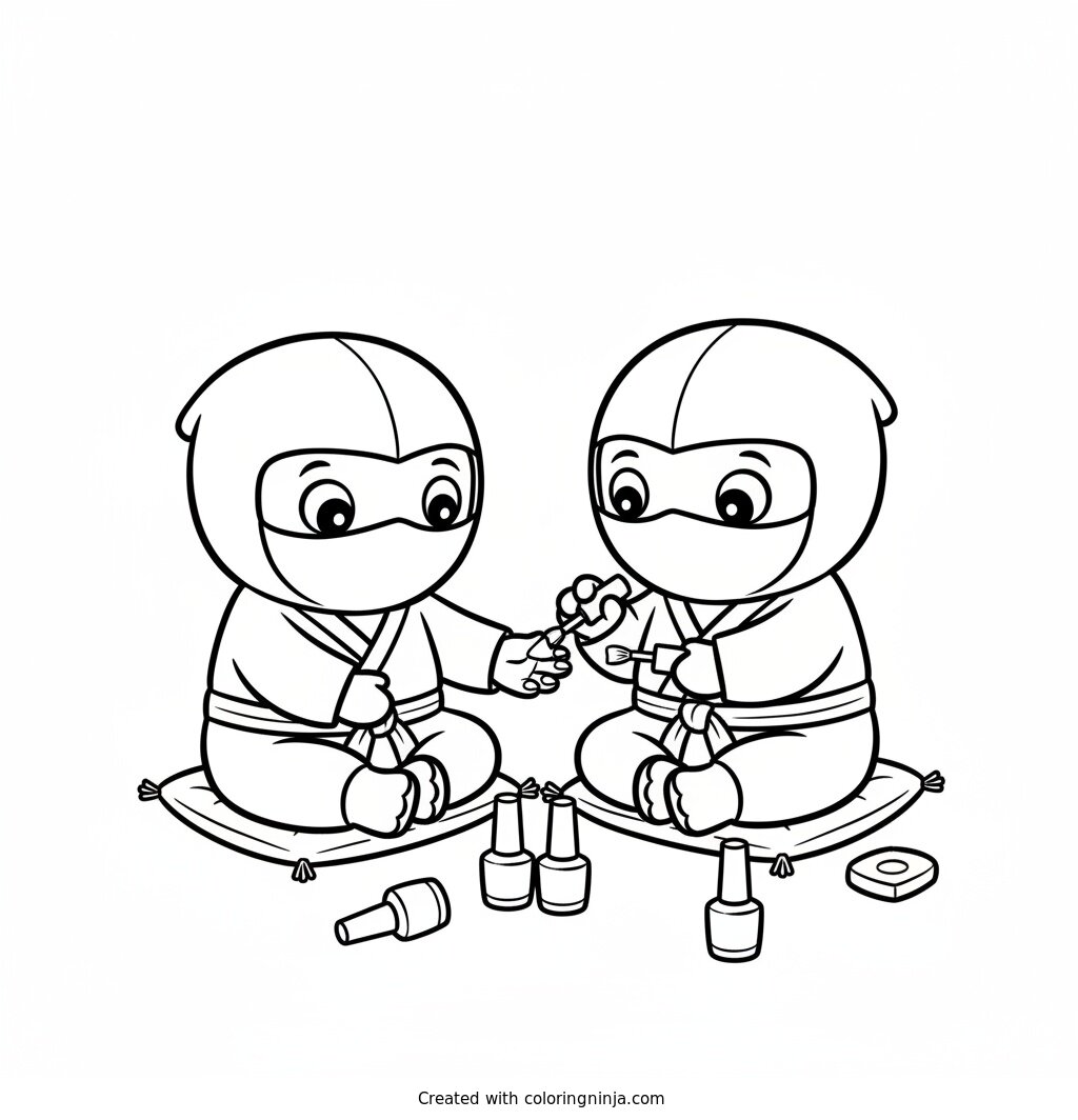 A coloring page of two ninjas getting their fingernails painted 