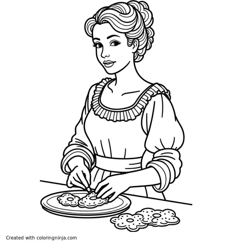 A coloring page of a woman in 1810s dress making cookies