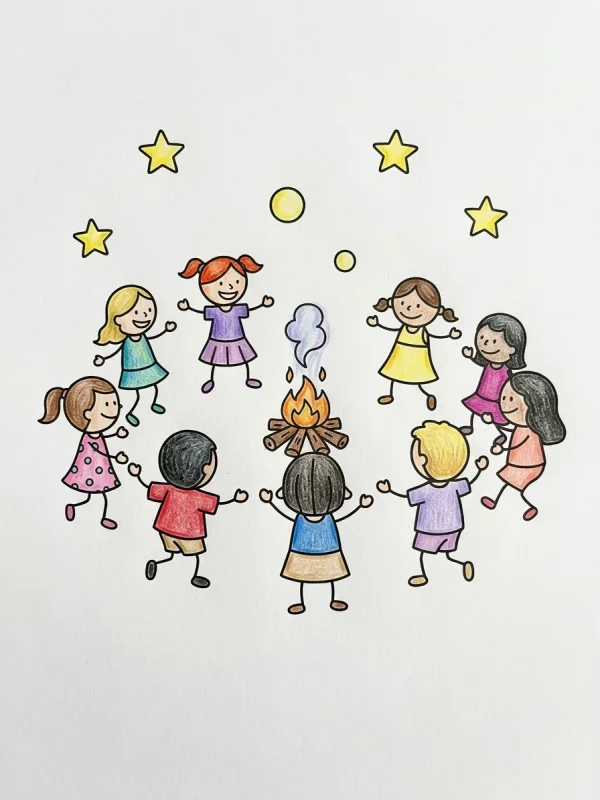 Children coloring page colored in with pencils