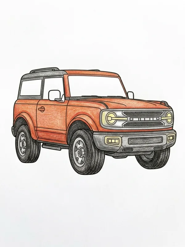 Ford Bronco coloring page colored in with pencils