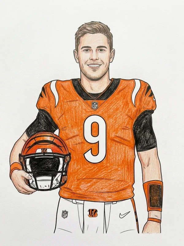 Joe Burrow coloring page colored in with pencils
