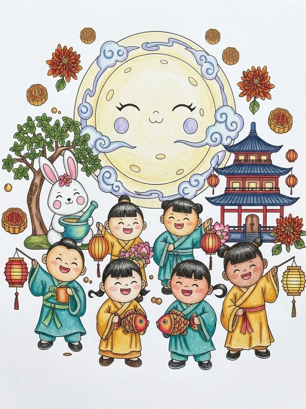Mid-autumn Festival coloring page colored in with pencils