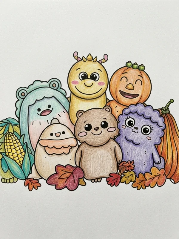 Monster coloring page colored in with pencils