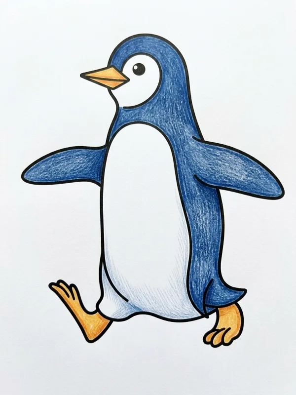 Penguin coloring page colored in with pencils