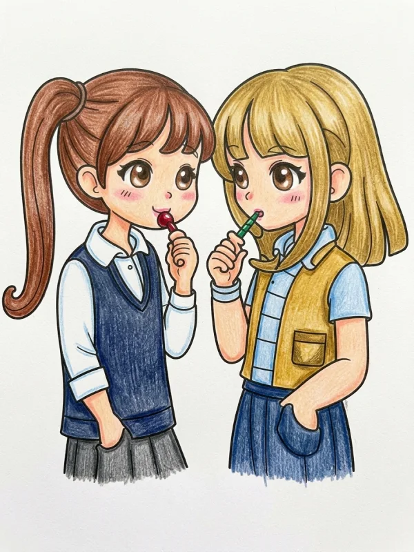 School coloring page colored in with pencils