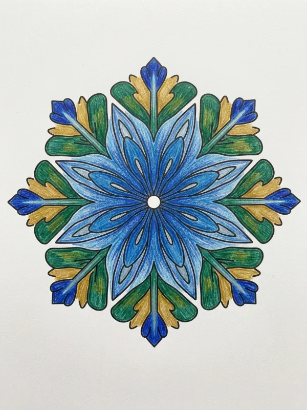 Snow coloring page colored in with pencils