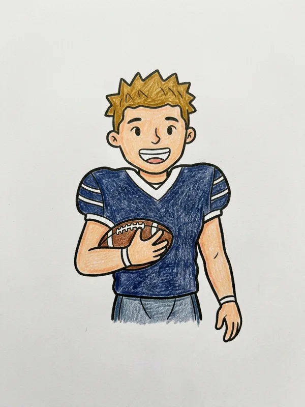 Sports coloring page colored in with pencils