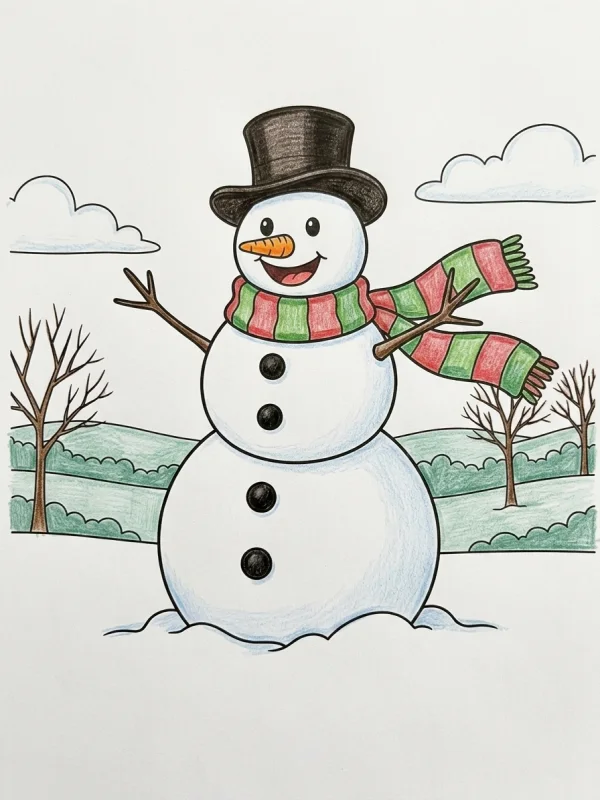 Winter coloring page colored in with pencils