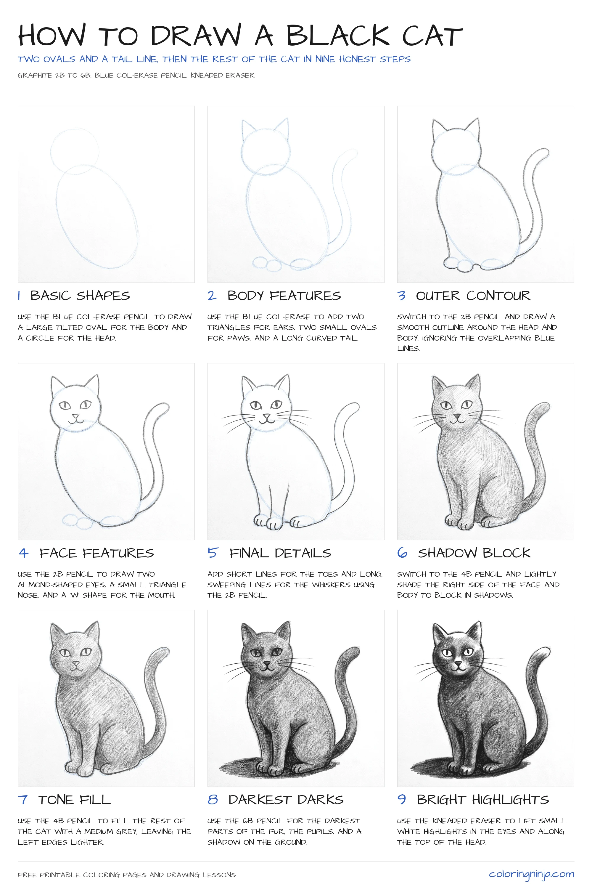 How to draw a Black Cat: the 9-step lesson sheet