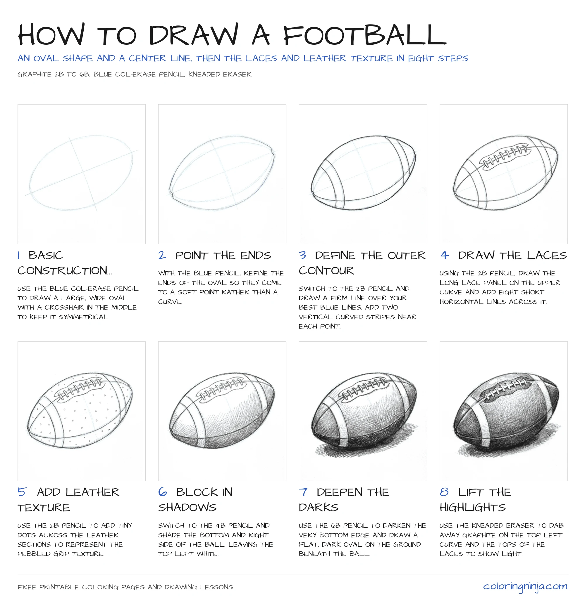 How to draw a Football: the 8-step lesson sheet