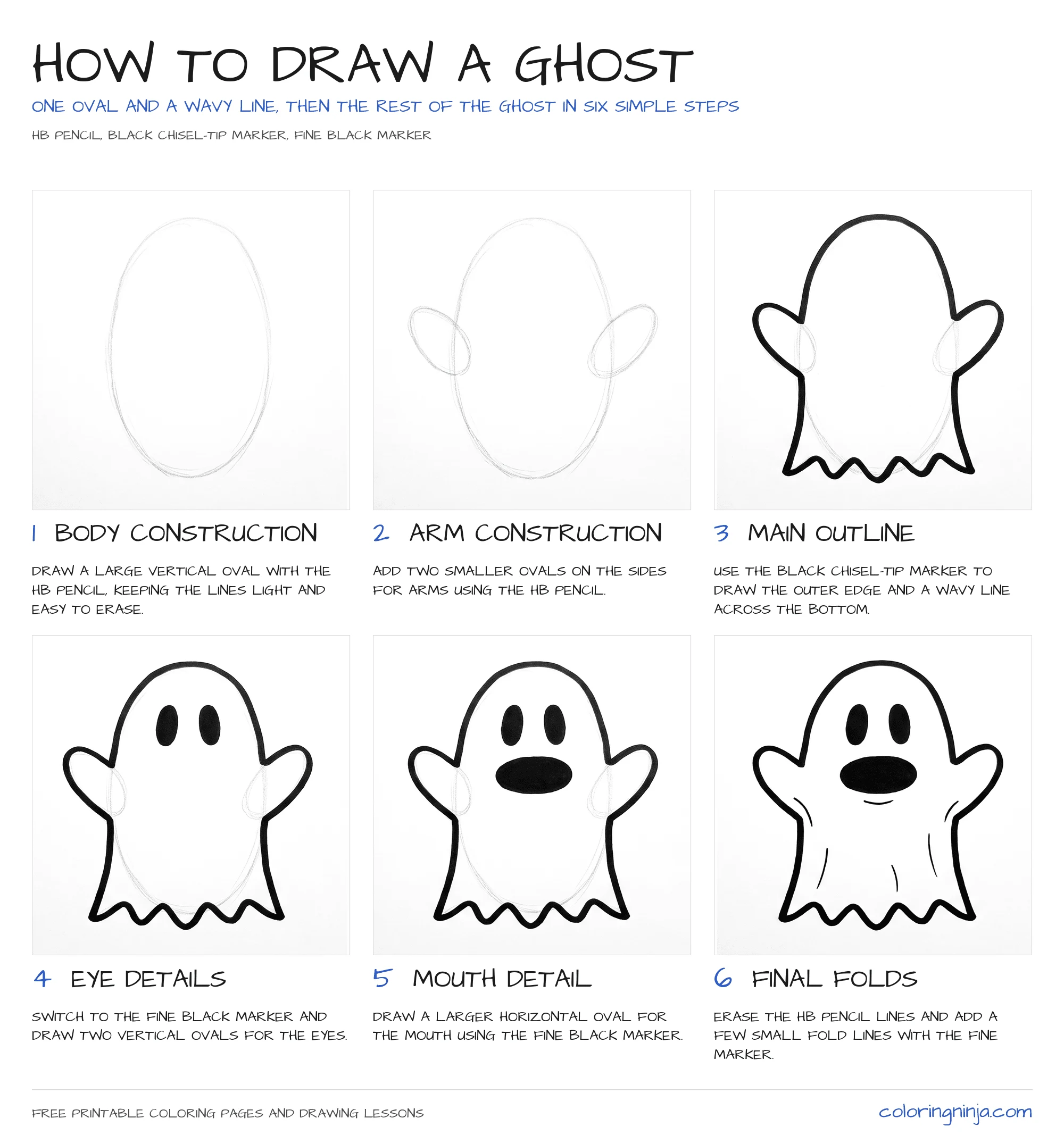 How to draw a Ghost: the 6-step lesson sheet