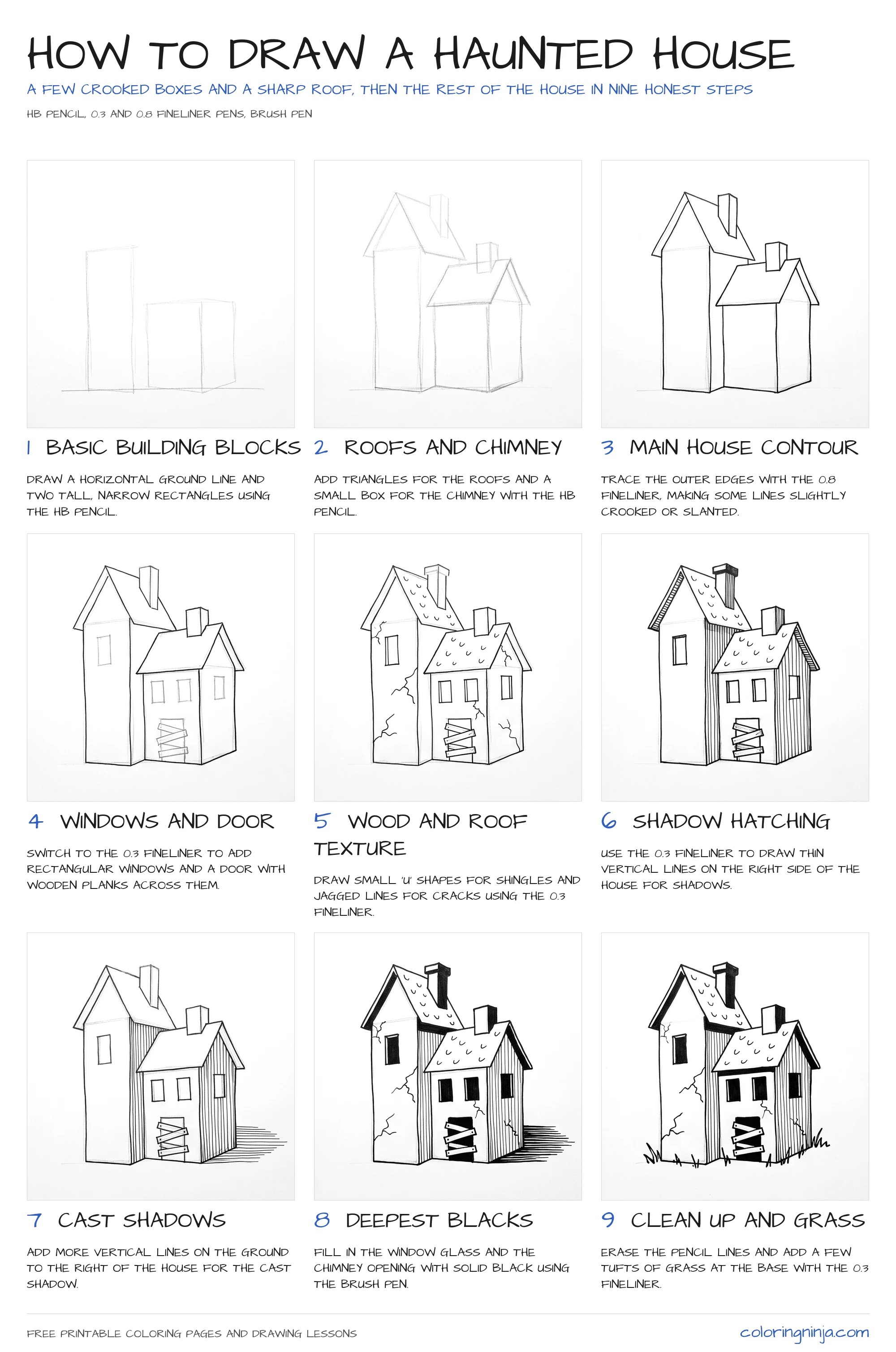 How to draw a Haunted House: the 9-step lesson sheet