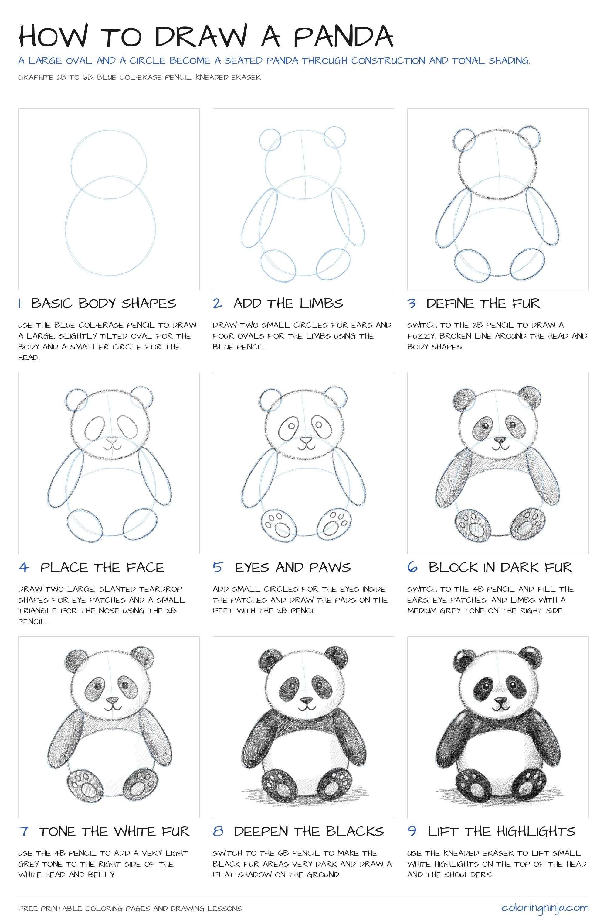 How to draw a Panda: the 9-step lesson sheet