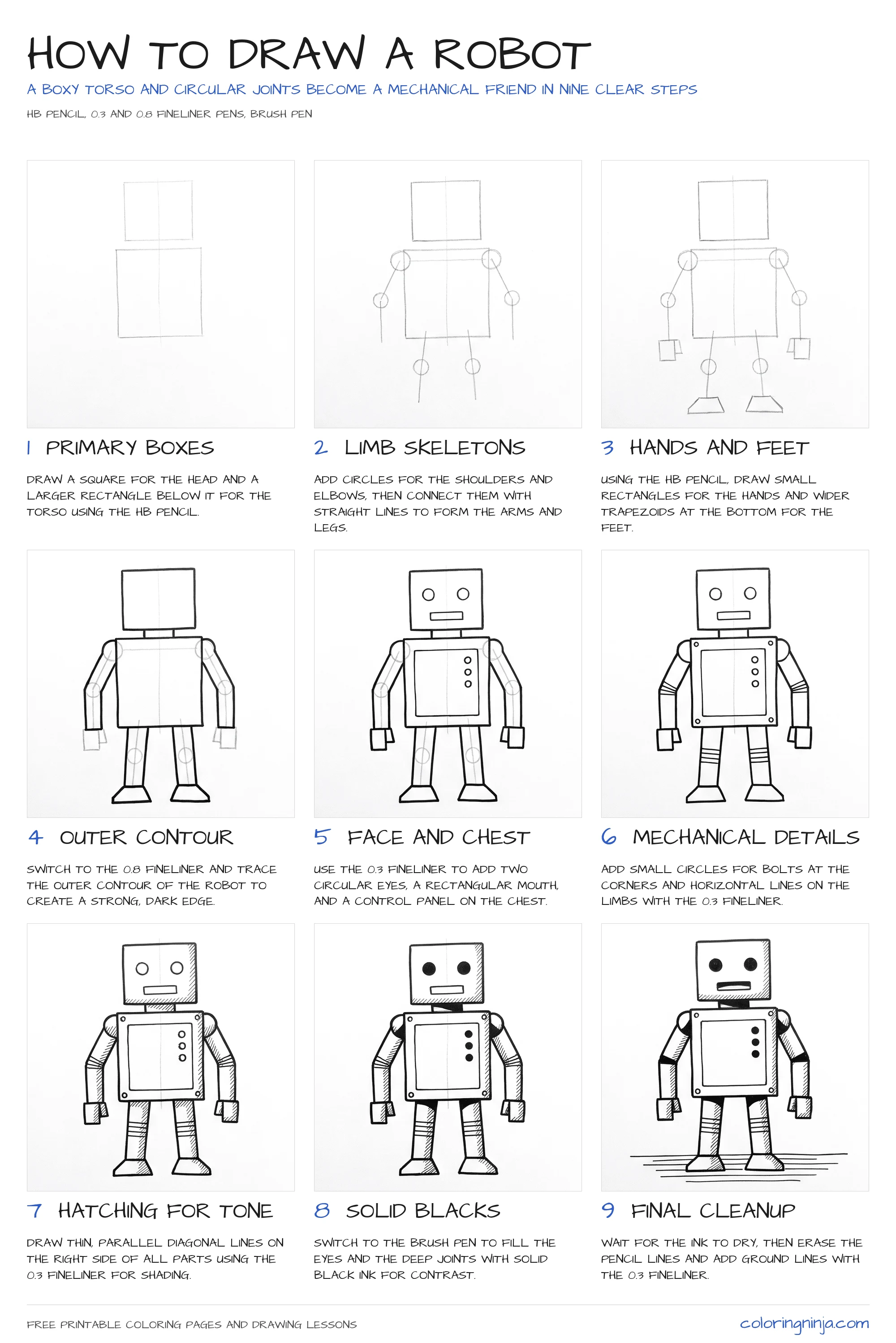 How to draw a Robot: the 9-step lesson sheet