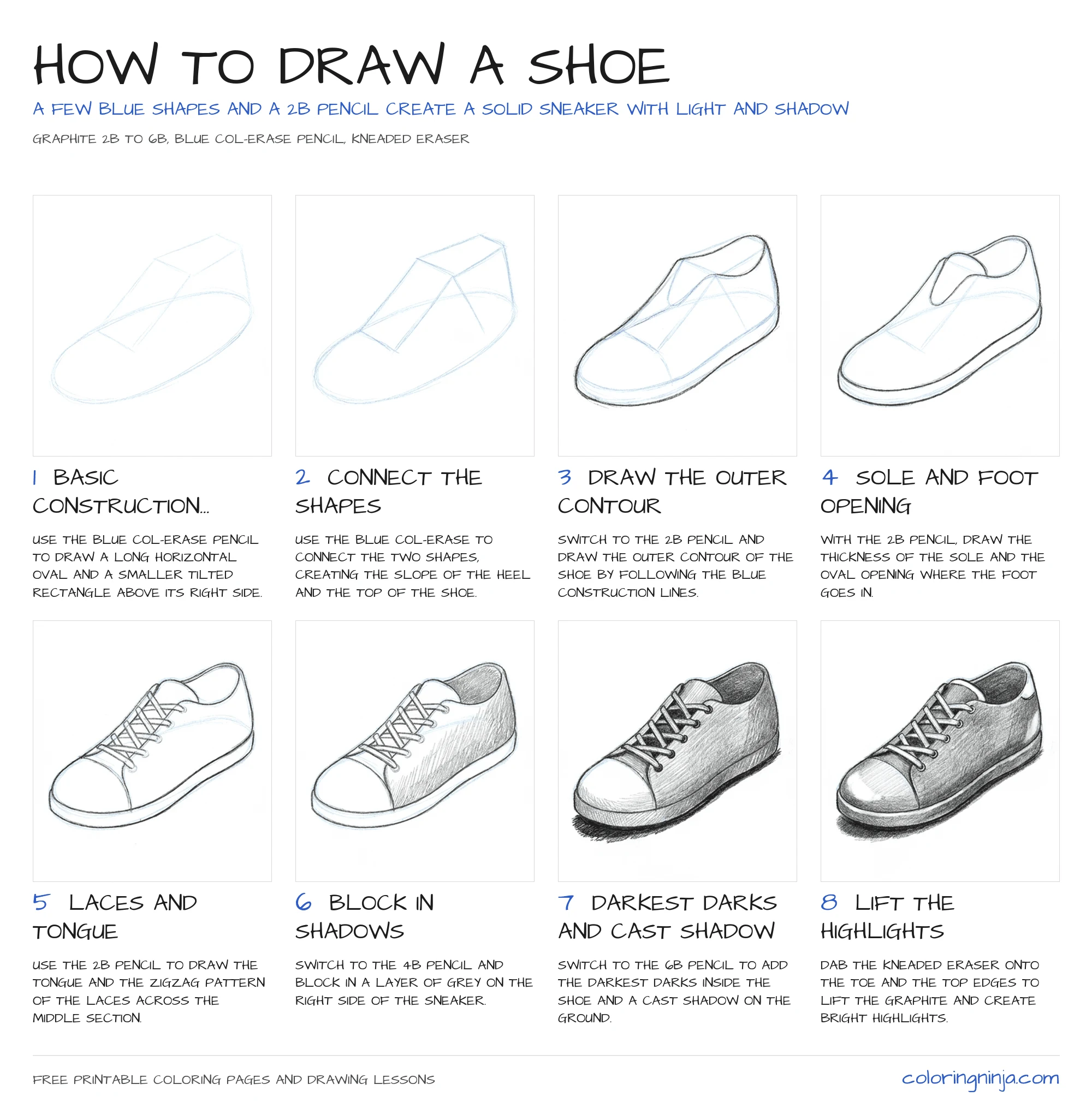 How to draw a Shoe: the 8-step lesson sheet