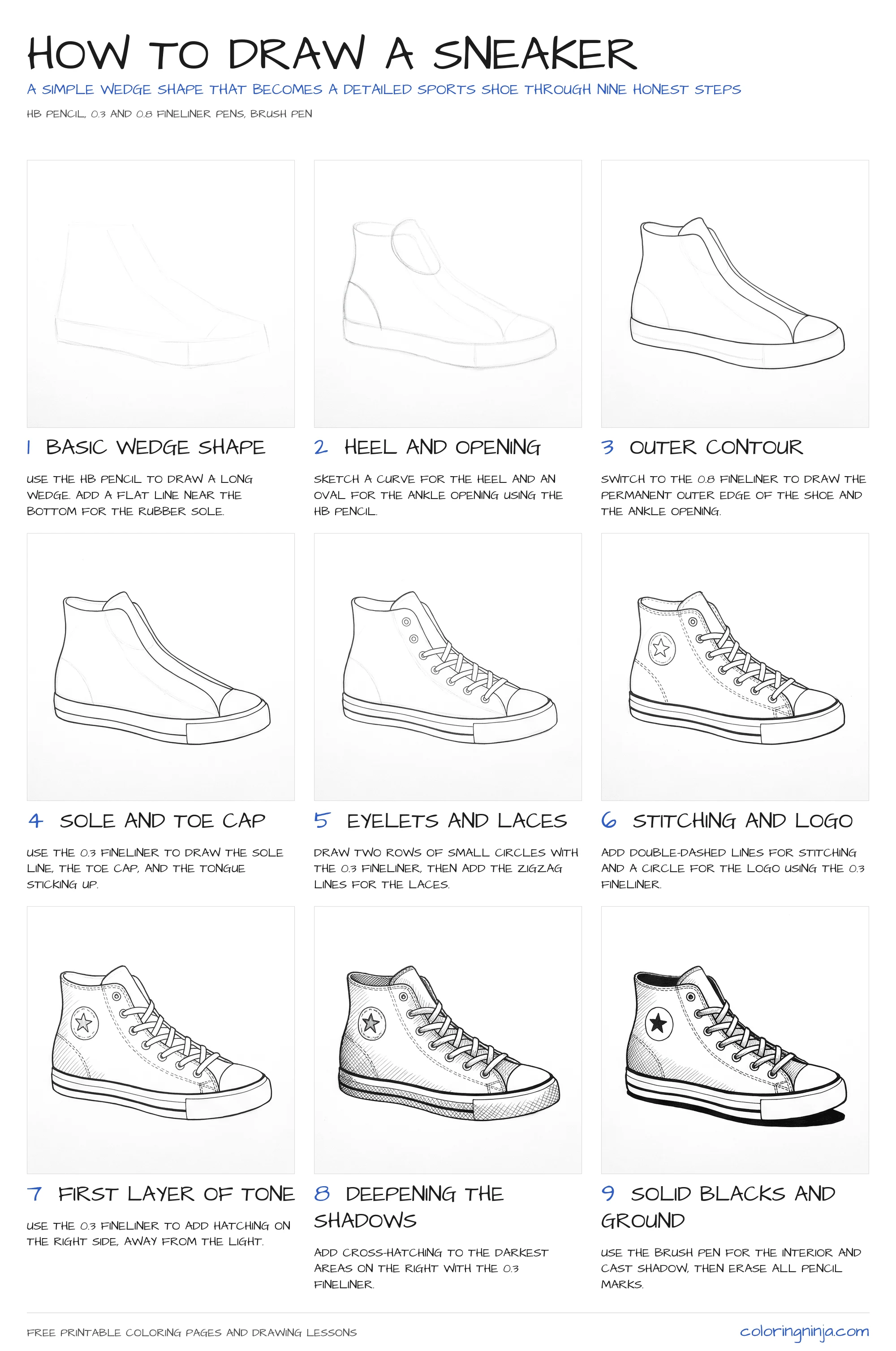 How to draw a Sneaker: the 9-step lesson sheet