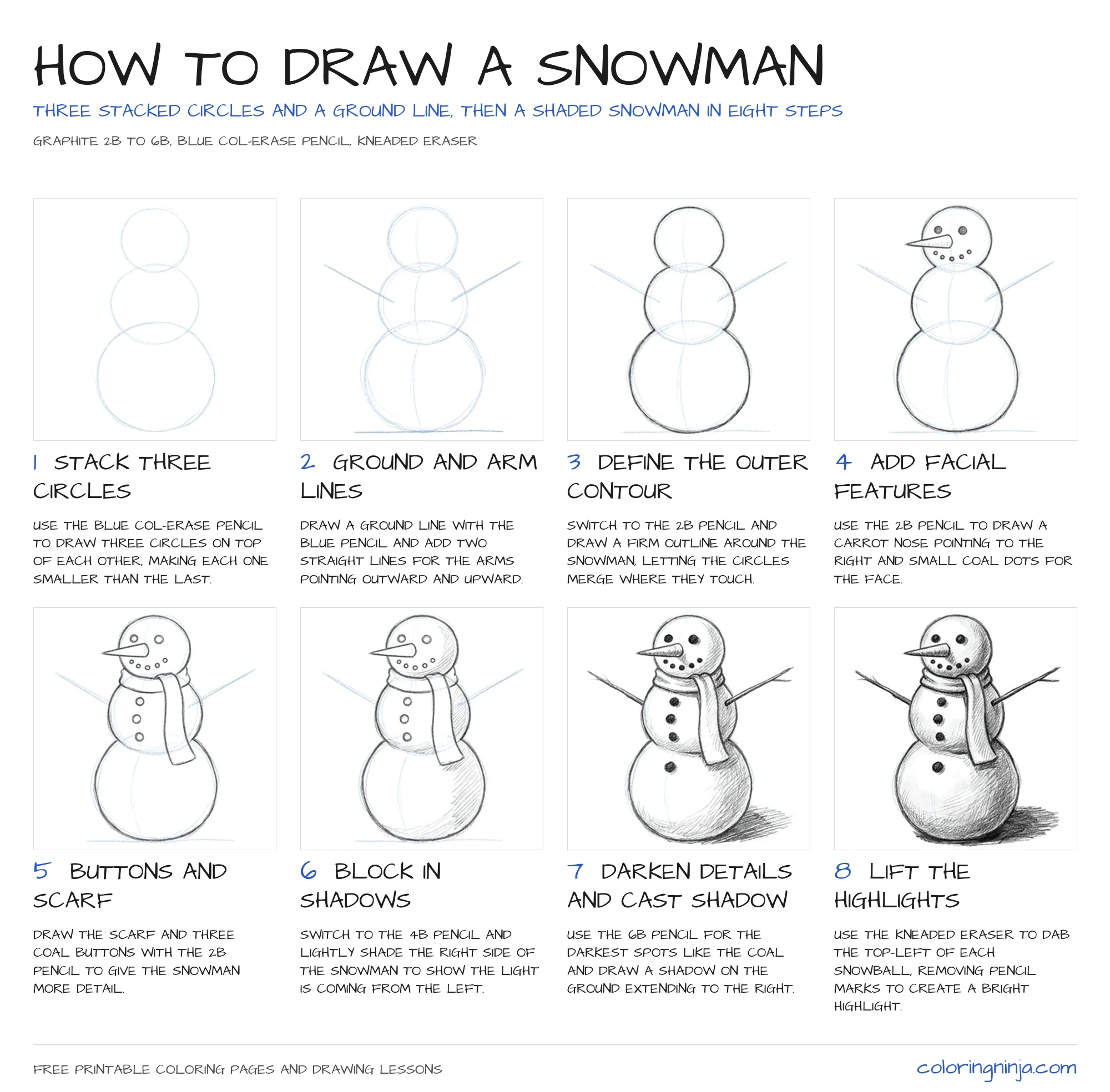 How to draw a Snowman: the 8-step lesson sheet