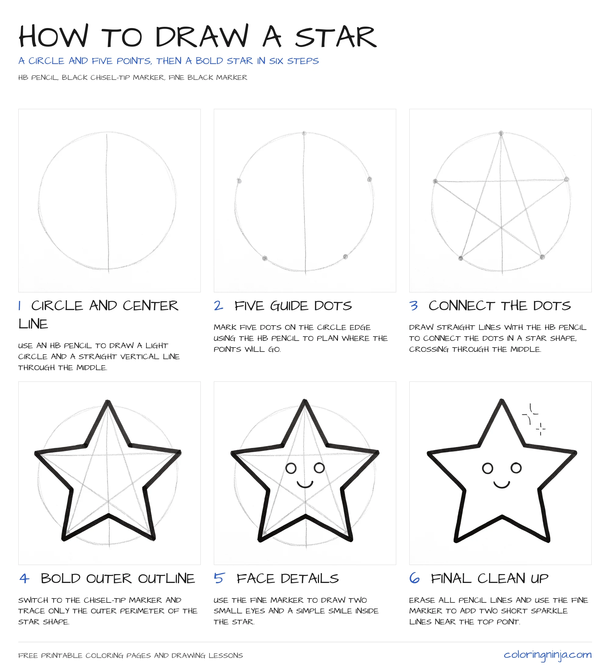How to draw a Star: the 6-step lesson sheet