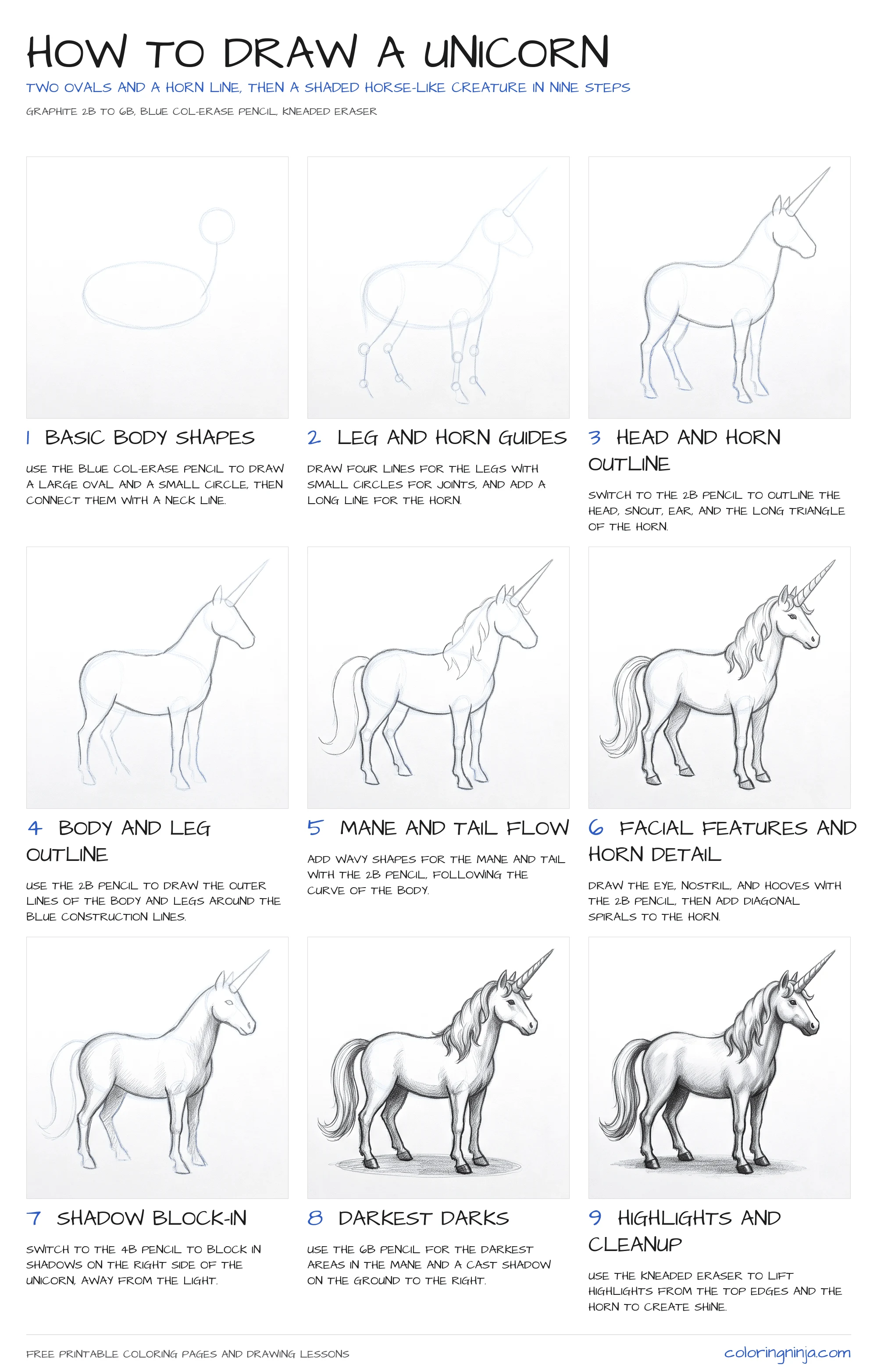 How to draw a Unicorn: the 9-step lesson sheet