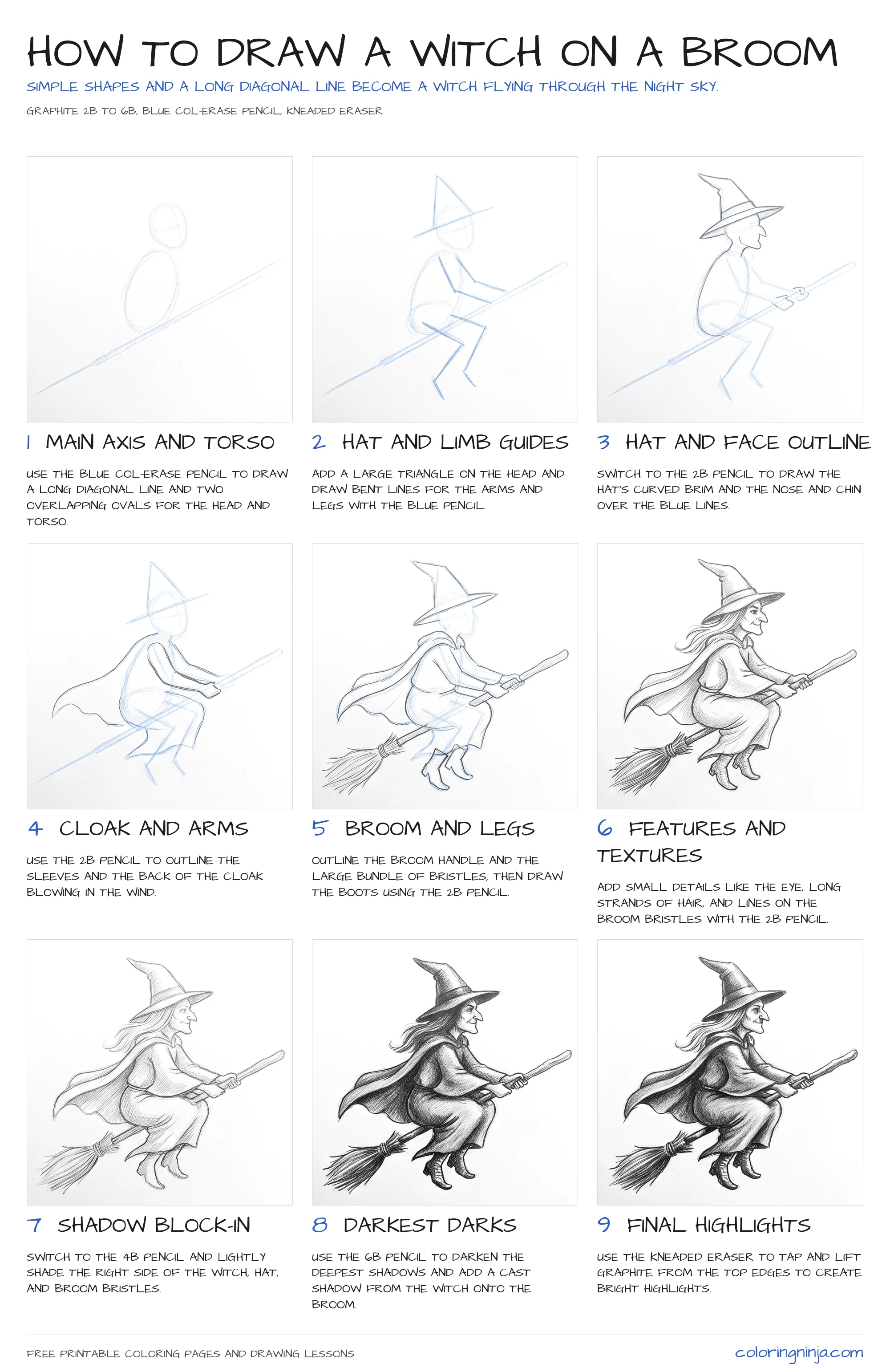 How to draw a Witch on a Broom: the 9-step lesson sheet