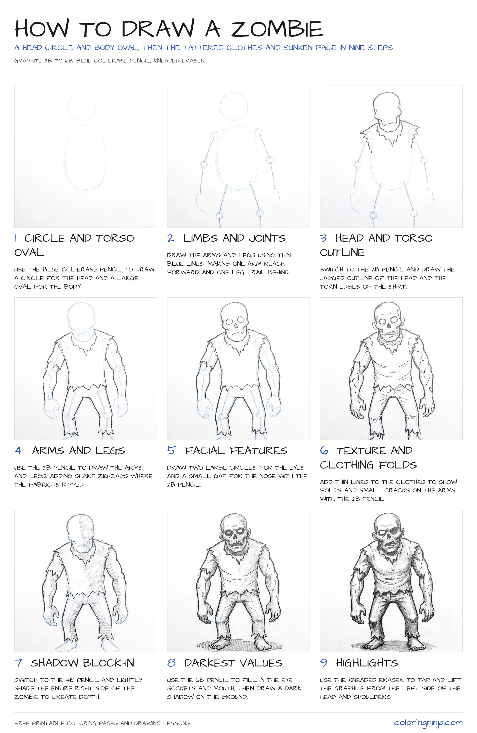 How to draw a Zombie: the 9-step lesson sheet