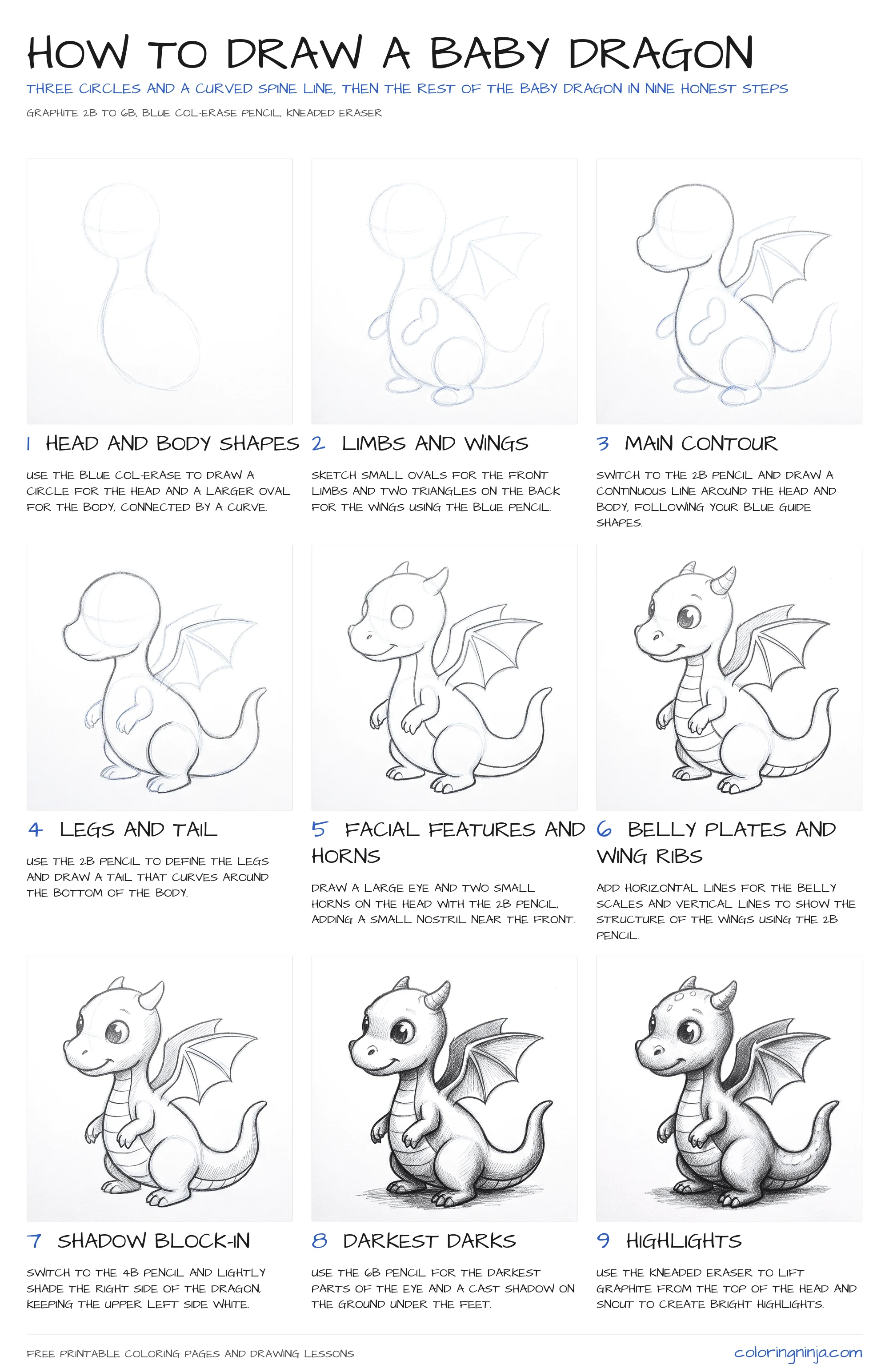 How to draw a Baby Dragon: the 9-step lesson sheet