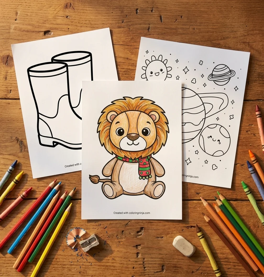 Three printed coloring pages on a wooden desk with crayons, one of them partly colored in