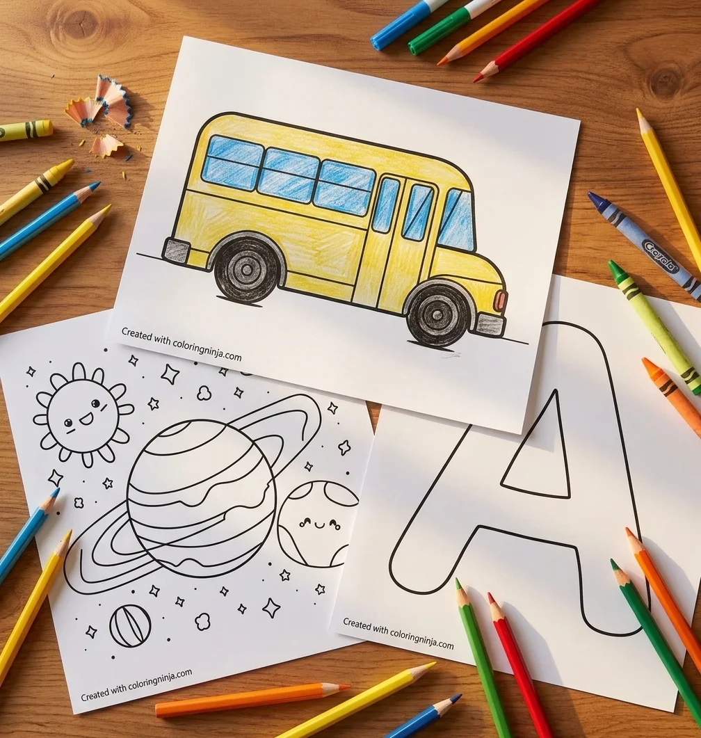 Three printed coloring pages on a wooden desk with crayons, one of them partly colored in