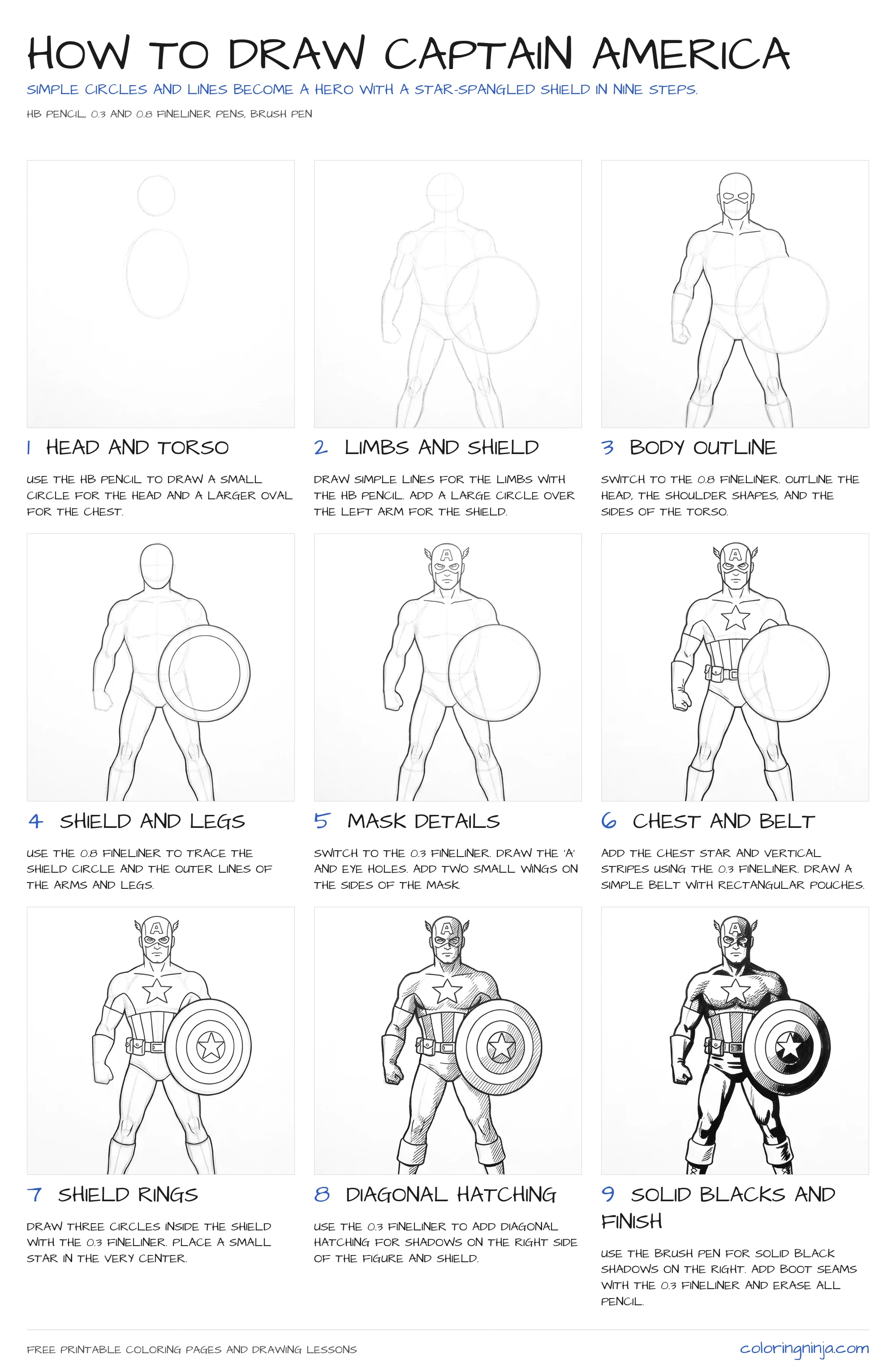 How to draw Captain America: the 9-step lesson sheet