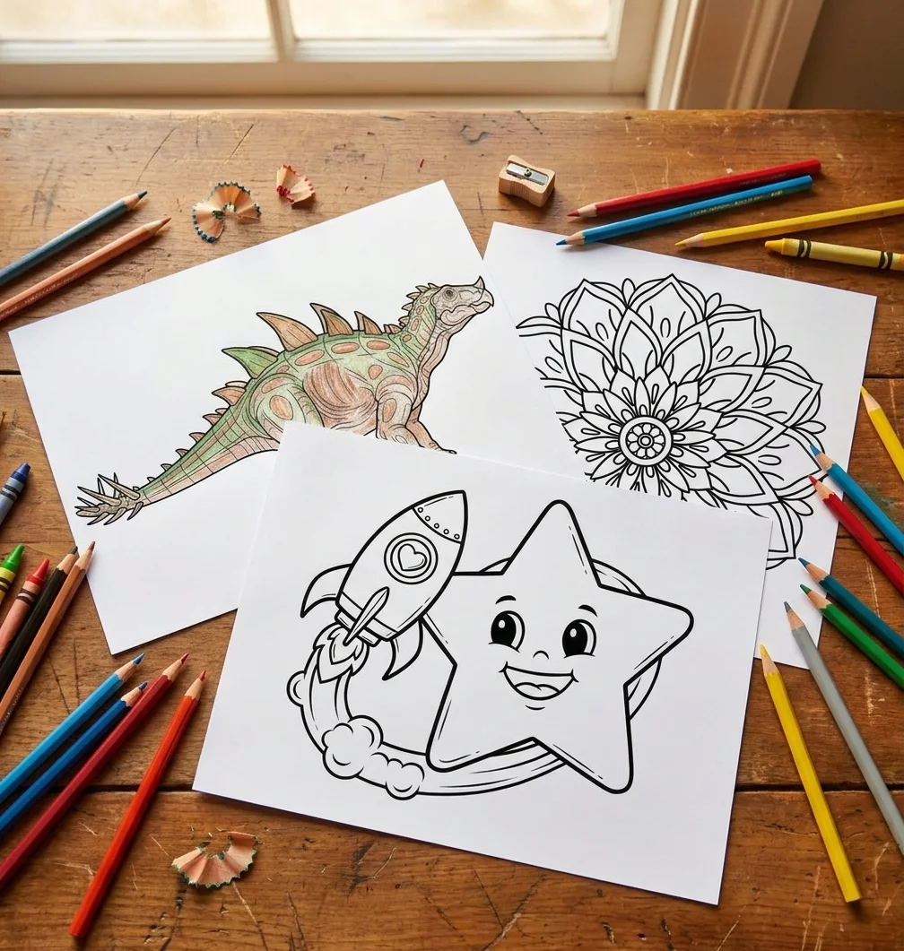 Example printable coloring pages from Coloring Ninja, partially colored in