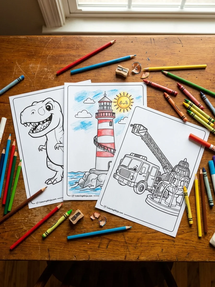 Example printable coloring pages from Coloring Ninja, partially colored in
