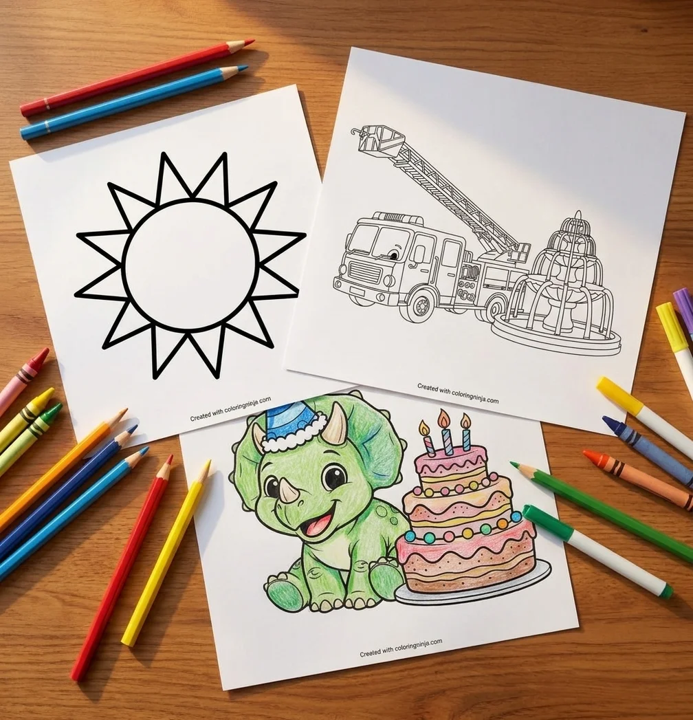 Example printable coloring pages from Coloring Ninja, partially colored in
