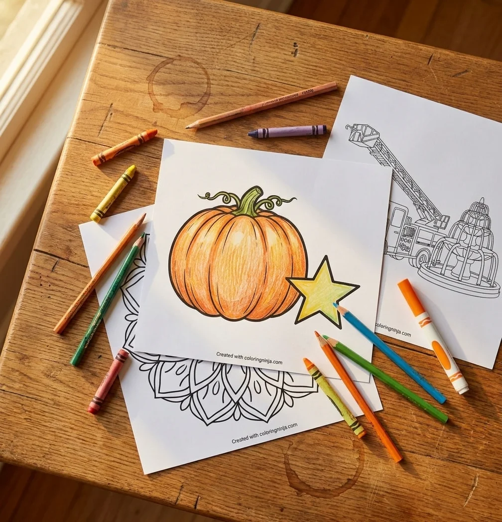 Three printed coloring pages on a desk with crayons and pencils, one partly colored