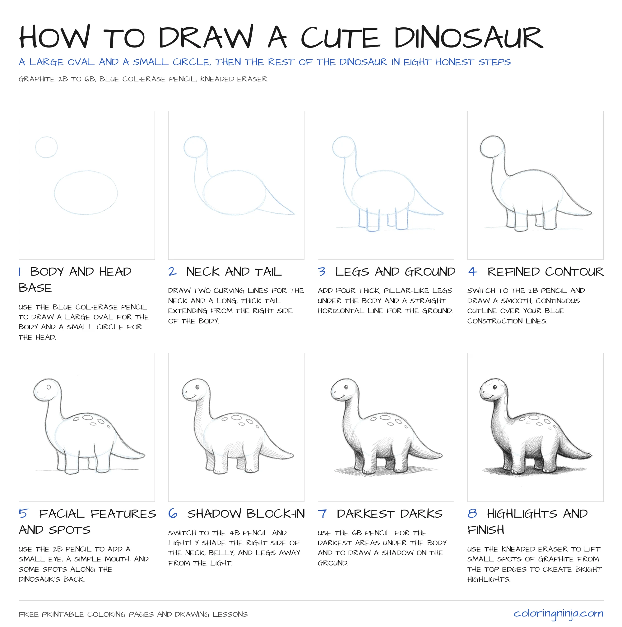 How to draw a Cute Dinosaur: the 8-step lesson sheet