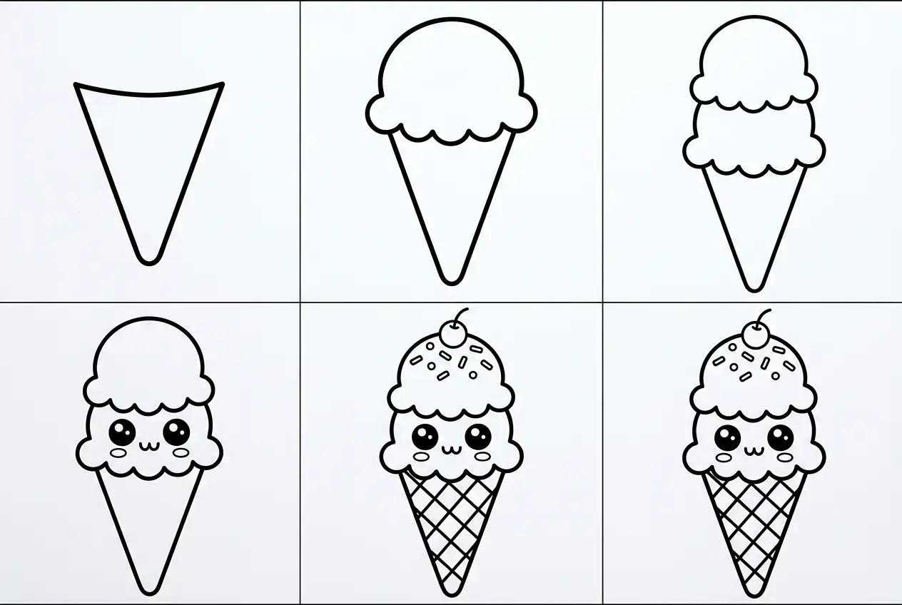 How to draw cute ice cream cone - all steps