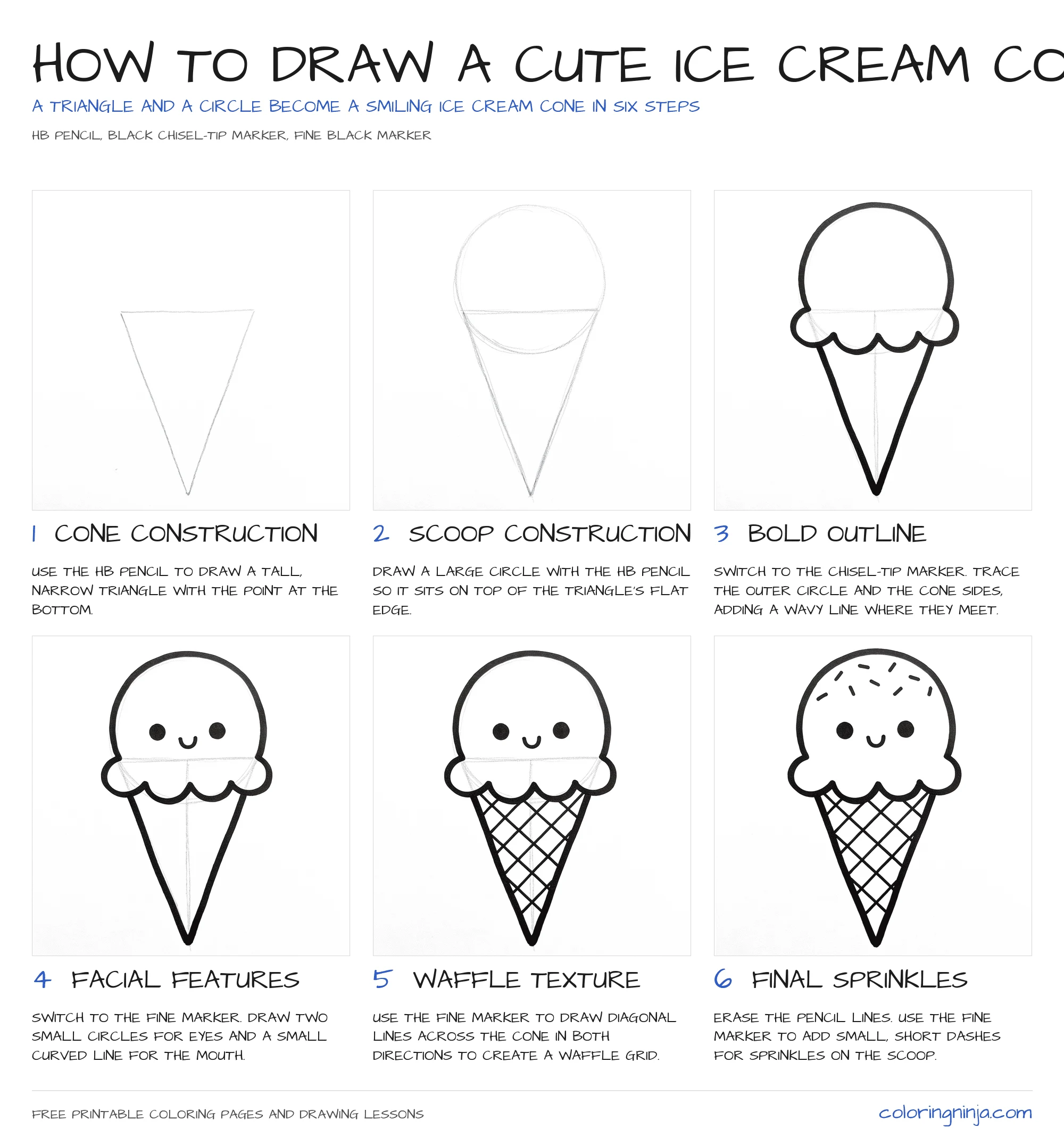 How to draw a Cute Ice Cream Cone: the 6-step lesson sheet