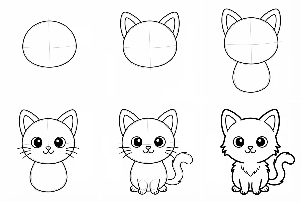 How to draw cute kitten - all steps