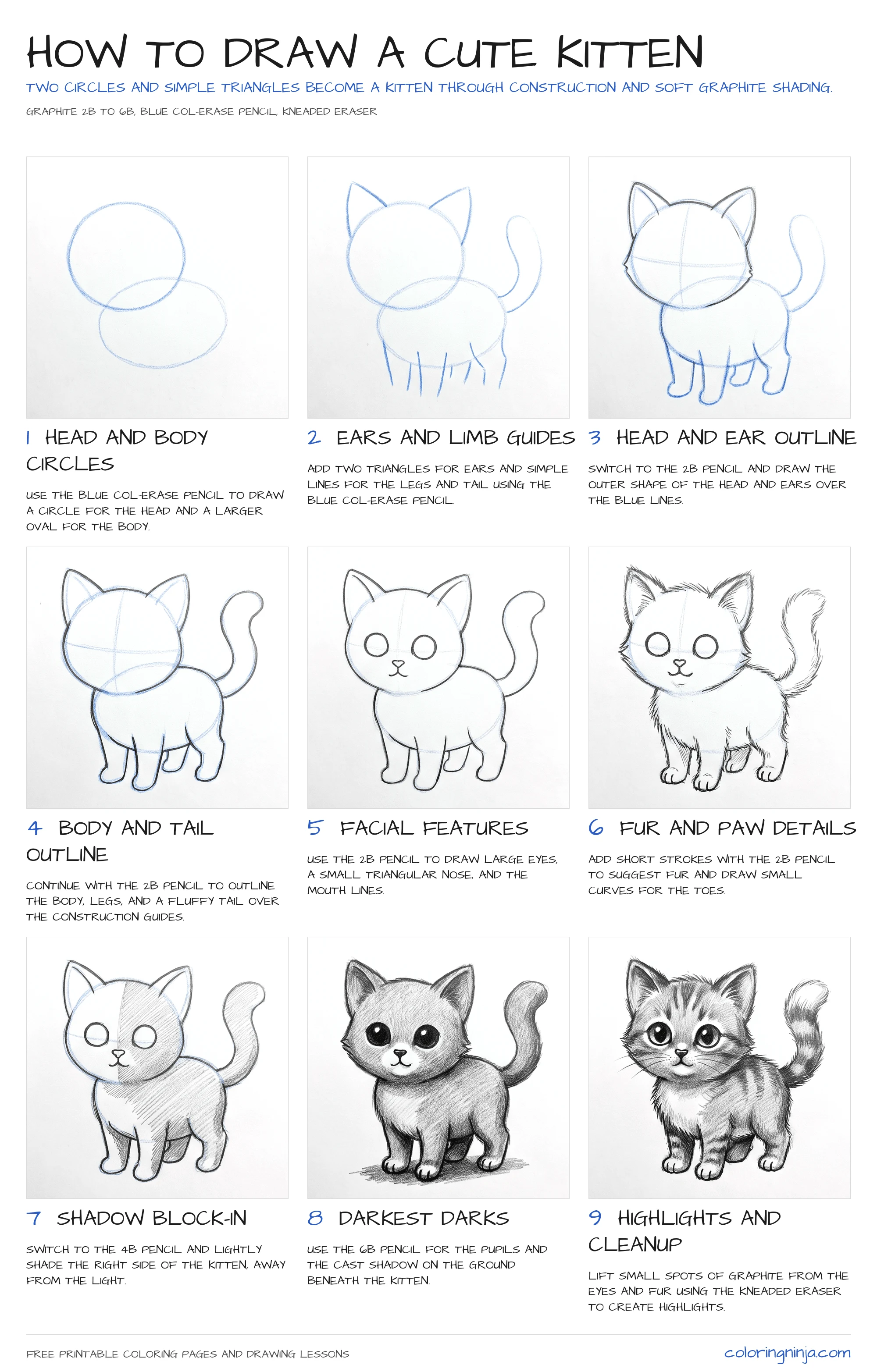 How to draw a Cute Kitten: the 9-step lesson sheet