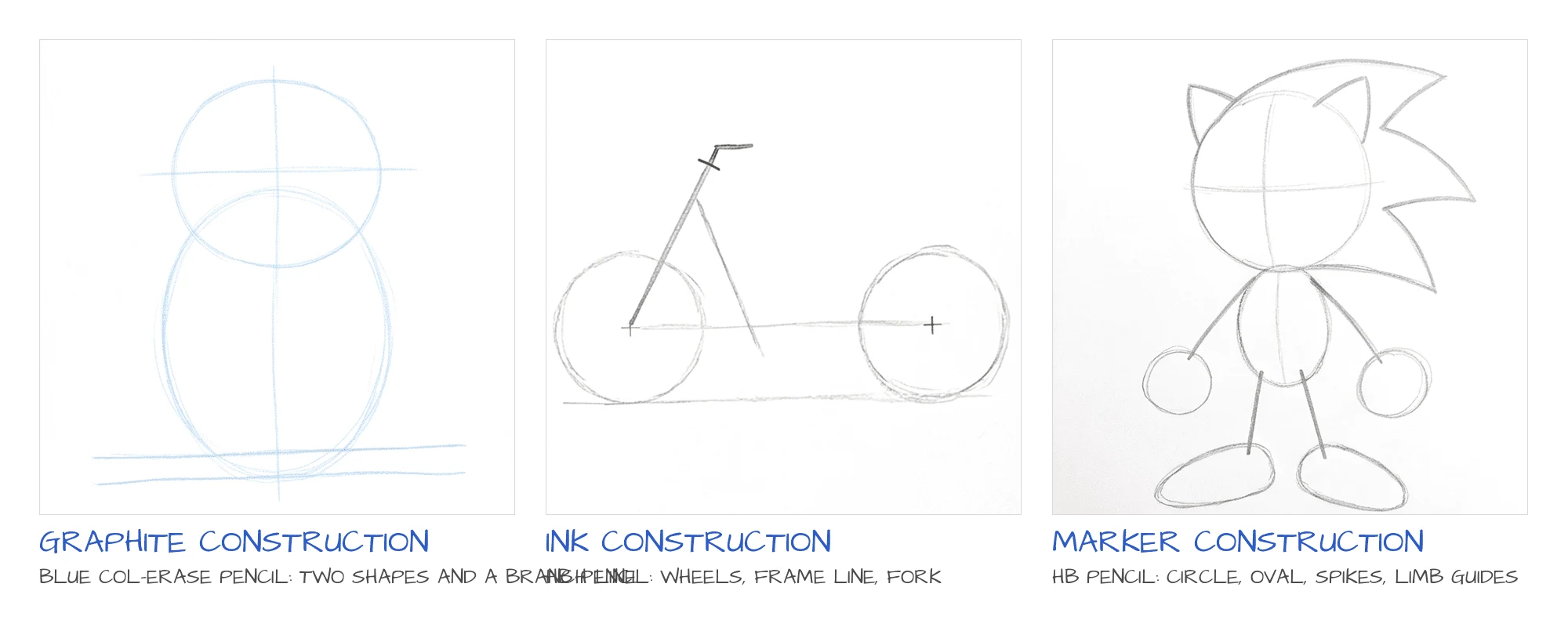 The construction step from three tutorials: blue col-erase shapes for the owl, HB pencil for the motorbike, HB pencil for Sonic