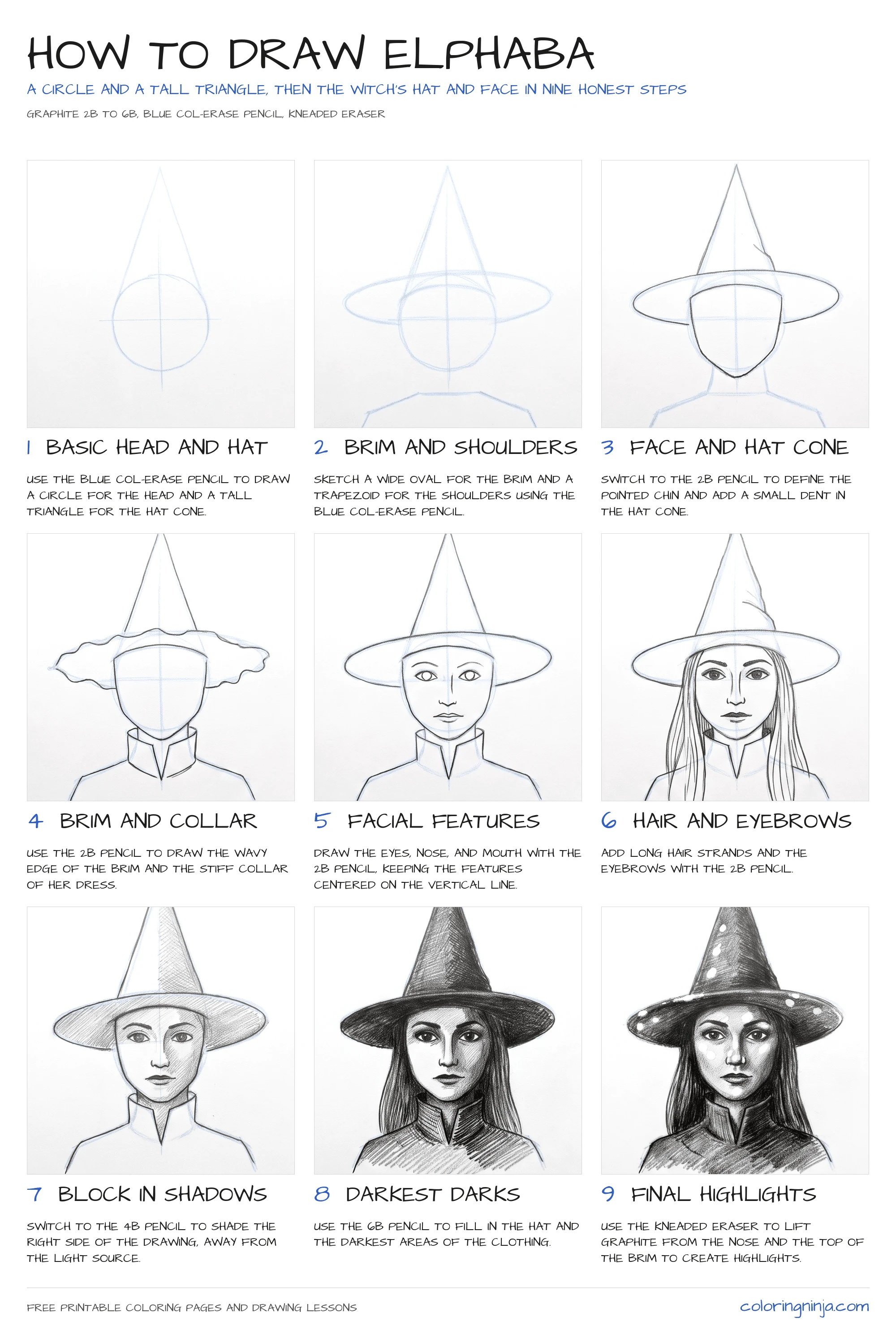 How to draw Elphaba: the 9-step lesson sheet