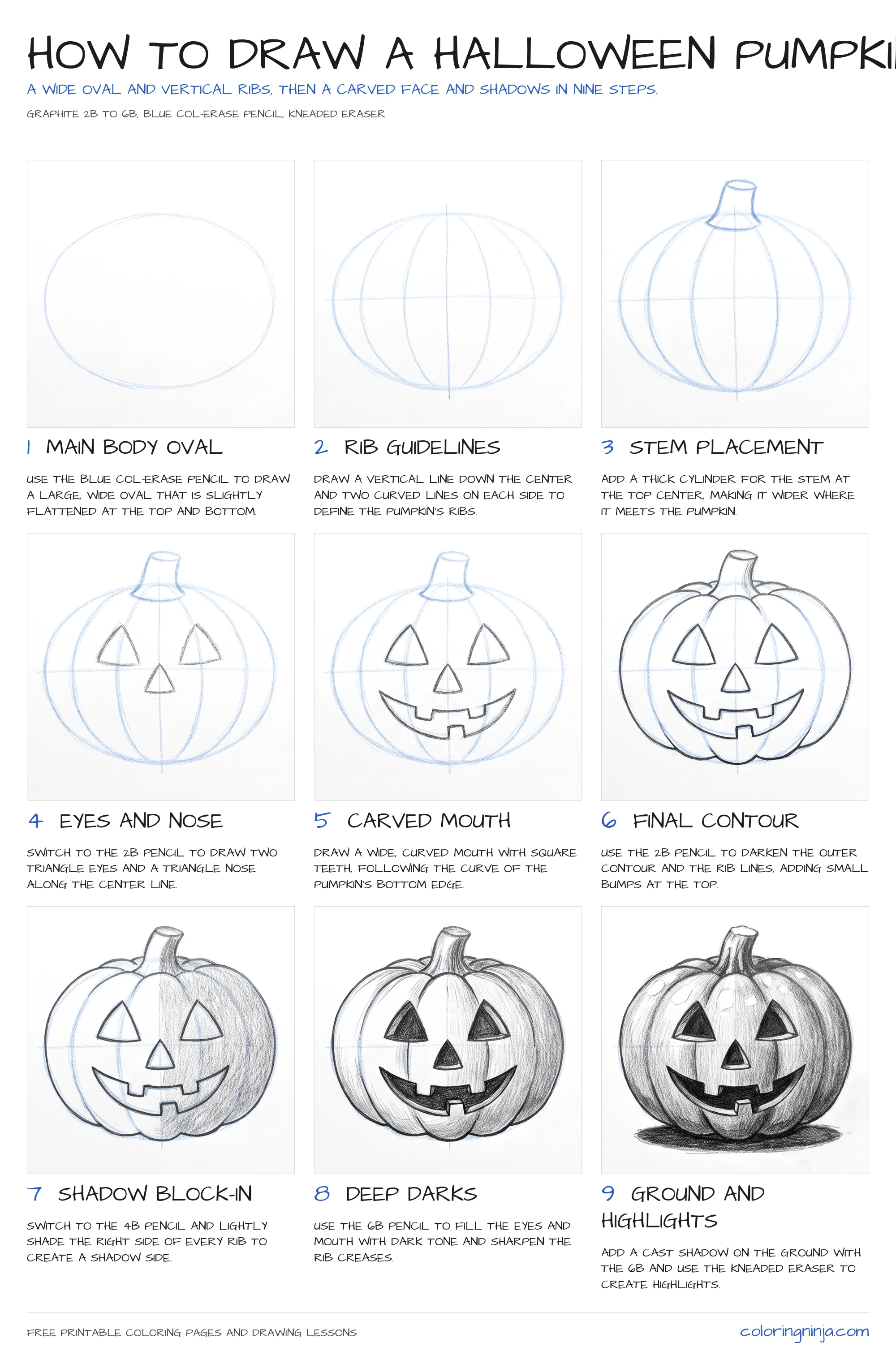 How to draw a Halloween Pumpkin: the 9-step lesson sheet
